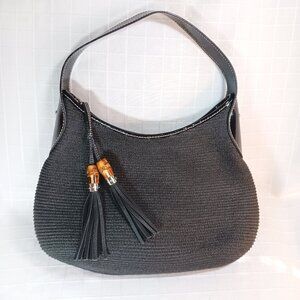Vintage Talbots Black Wicket Basket Weave Bamboo Tassel Hobo Shoulder Bag